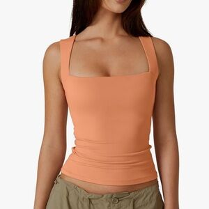 Women's Square Neck Sleeveless Double-Layer Tops Basic Tight T Shirts Ivory S